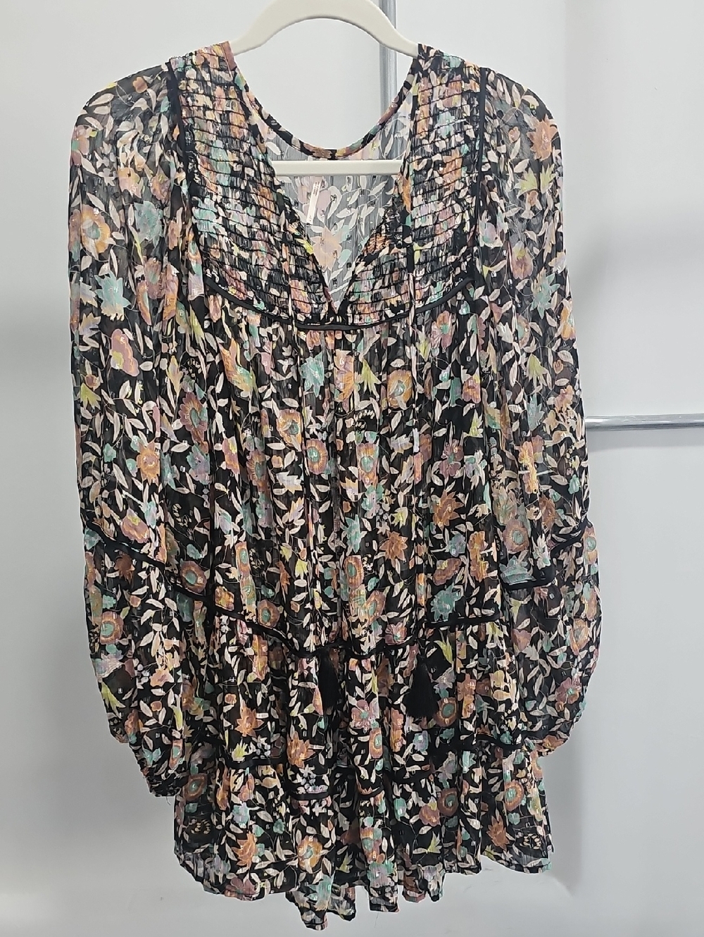 Free People Black Sheer Floral Blouse with Pastel Accents